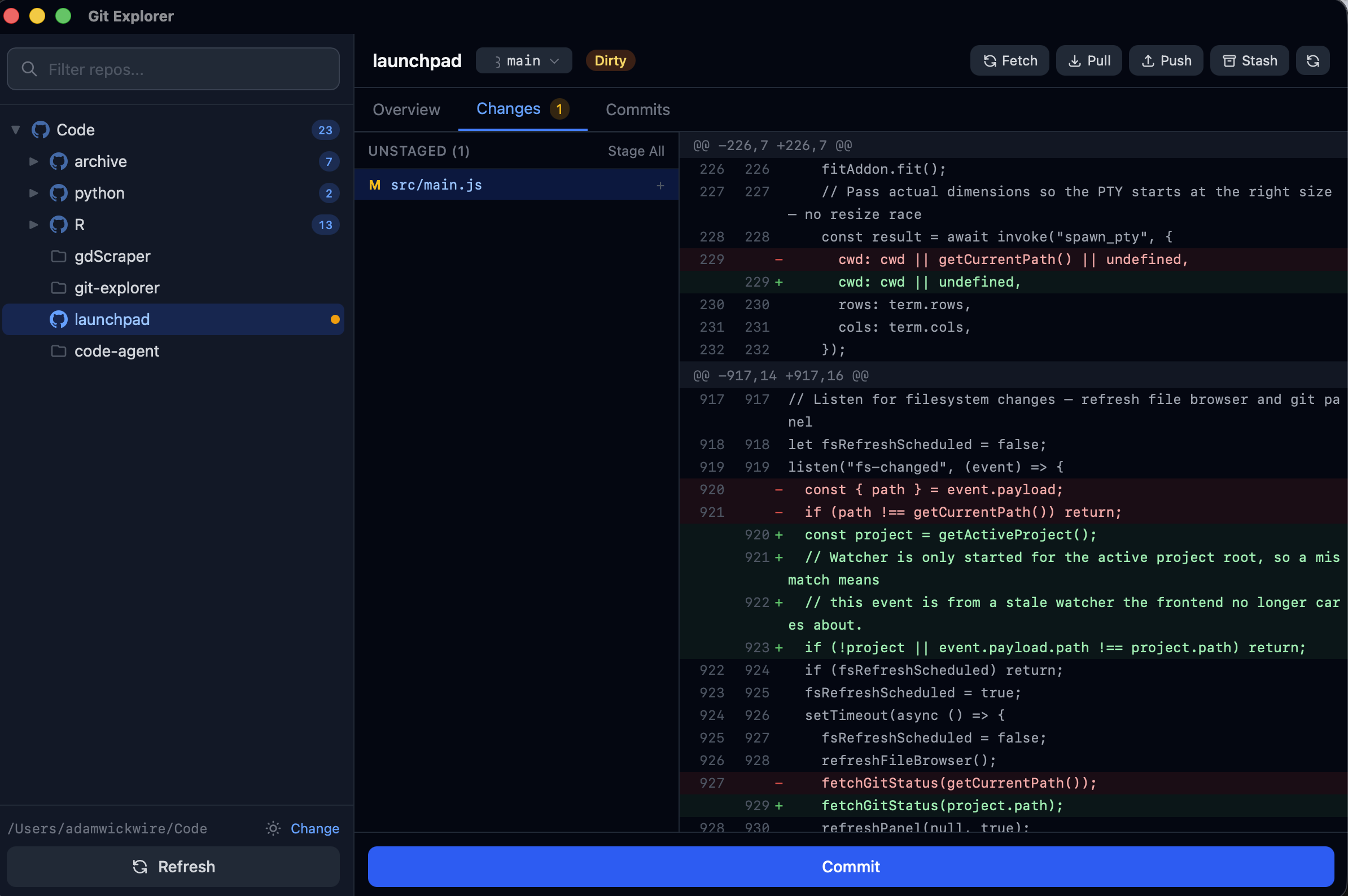 Changes view: staged and unstaged files with an inline hunk-level diff