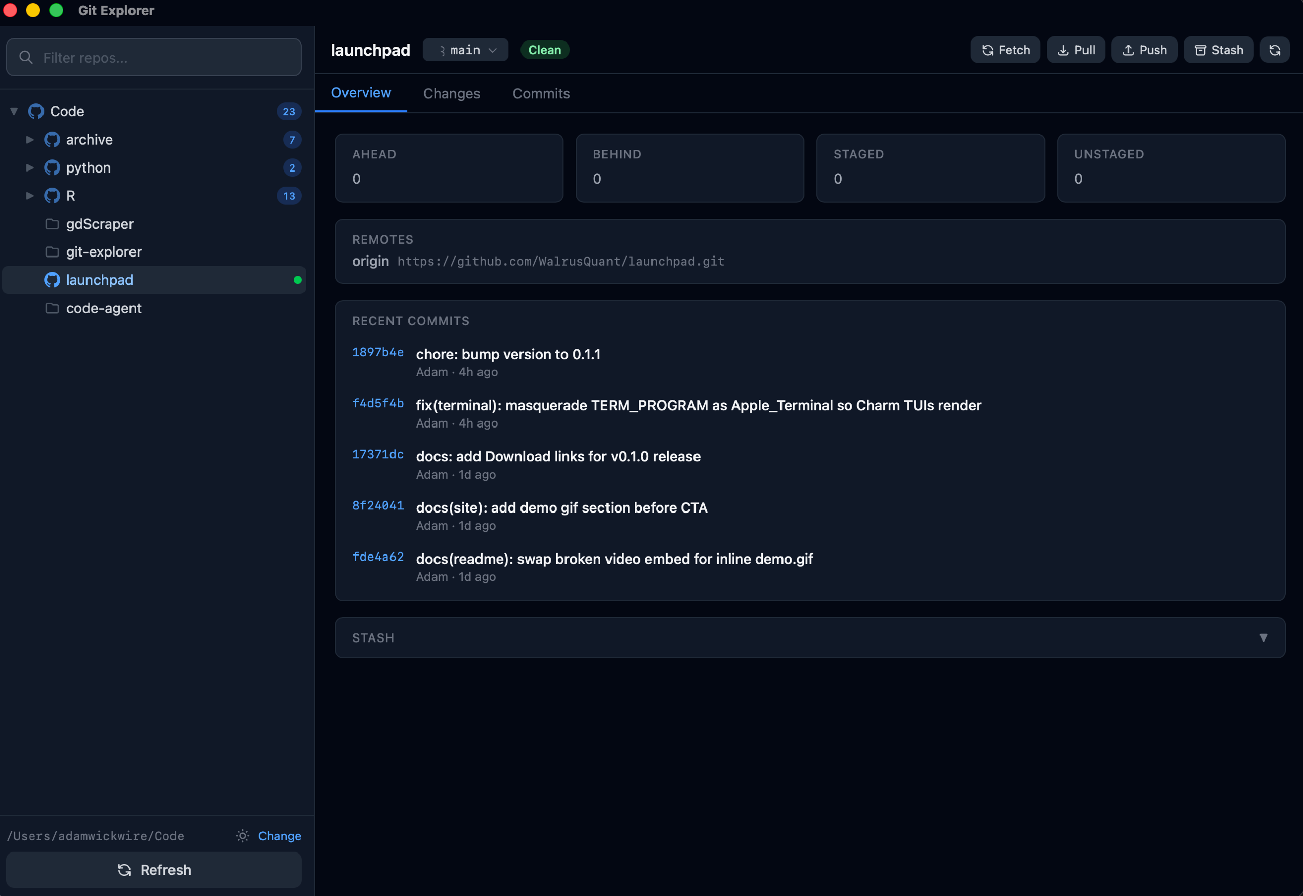 Git Explorer main view: folder tree on the left, repo detail on the right