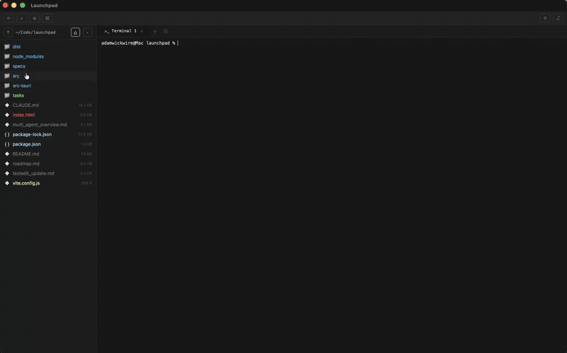 Launchpad demo: terminal, file browser, and git panel in use