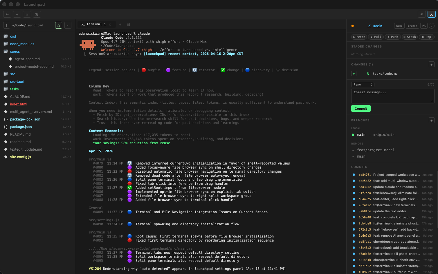 Launchpad workspace with terminal, file browser, and git panel