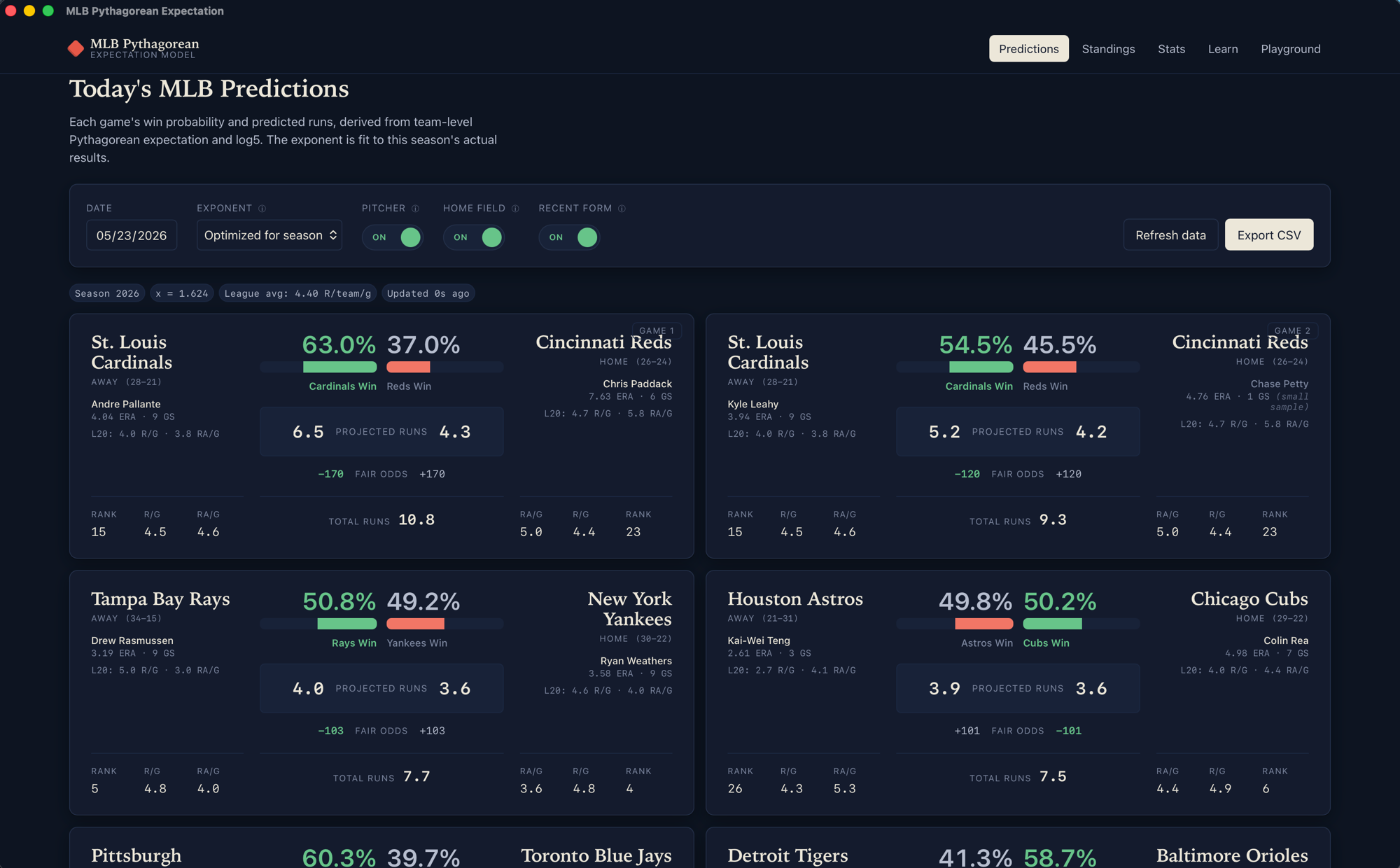 Predictions screen — a card per matchup with win-probability bars, projected runs, fair odds, starting pitcher, and L20 form per side