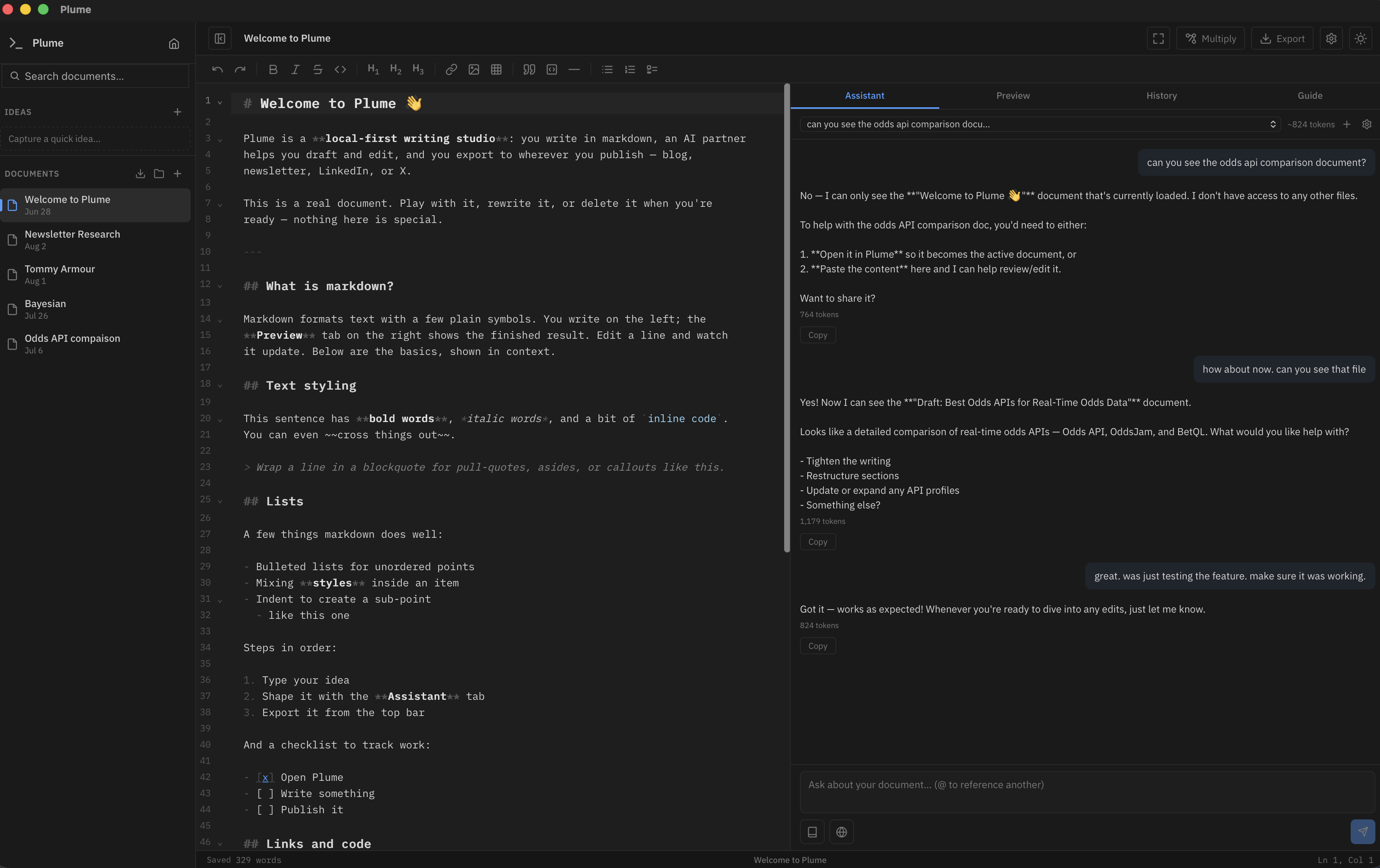Plume — markdown notebook with an AI assistant that searches your own documents